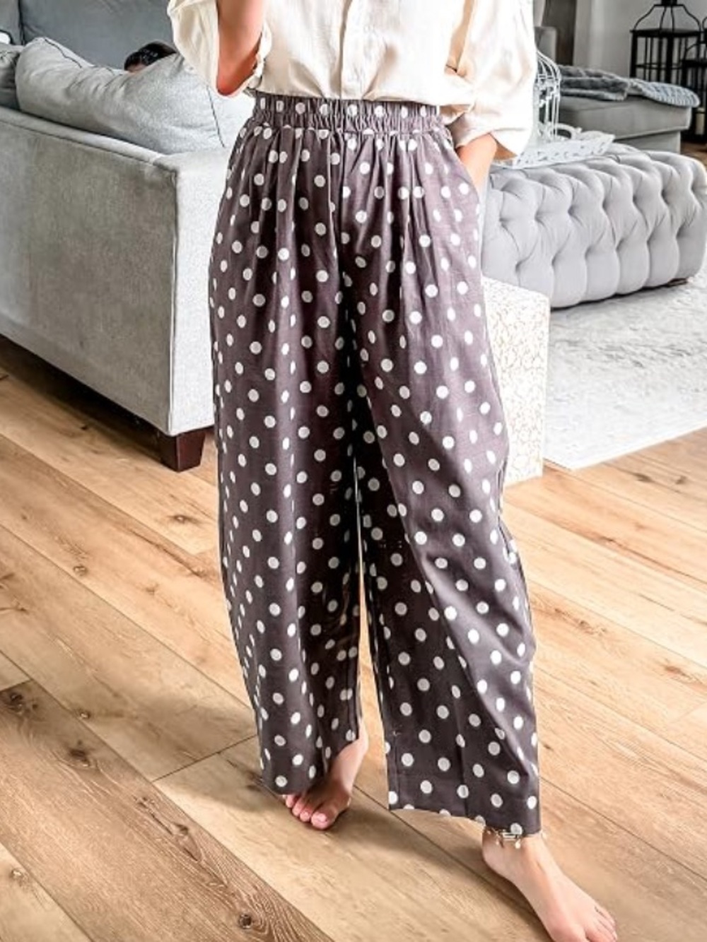 Women's Wide-Leg Polka Dot Pants - Cream/Brown🎆